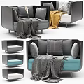Modern Single Sofa With Gray Blue Upholstery Throw Blanket And Cushions 3d model