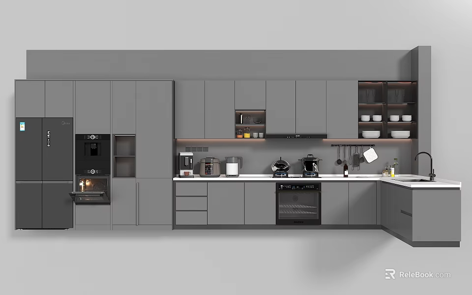 Modern Kitchen With Gray Cabinets Cooking Utensils Countertop And Appliances 3d model 