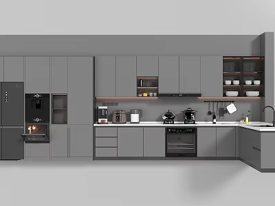 Modern Kitchen With Gray Cabinets Cooking Utensils Countertop And Appliances 3d model