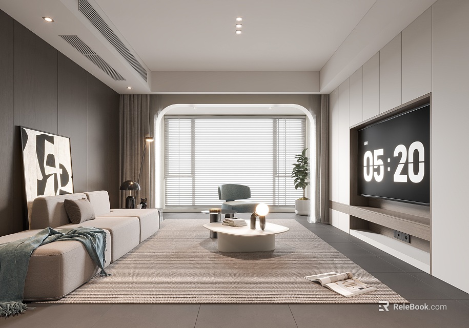 Modern Living Room With Gray Sofa Round Coffee Table And Floor To Ceiling Window Blinds 3d model 