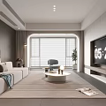 Modern Living Room With Gray Sofa Round Coffee Table And Floor To Ceiling Window Blinds