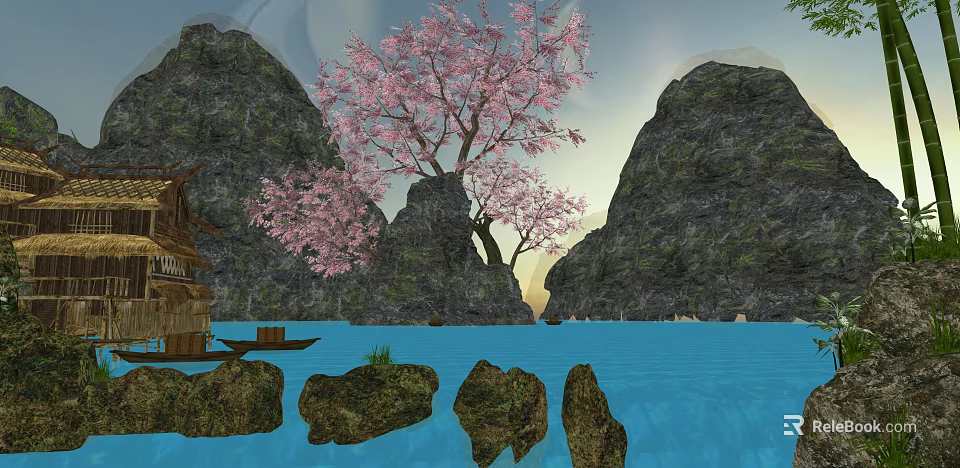 Tranquil Scenic View Featuring Cherry Blossom Tree Mountains Small House And Boat On Water 3d model 