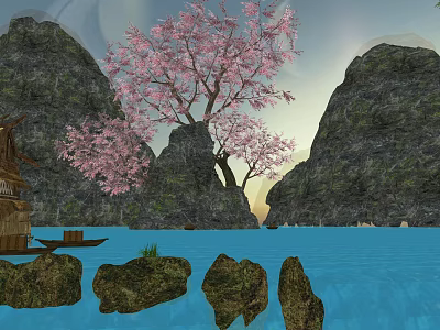 Tranquil Scenic View Featuring Cherry Blossom Tree Mountains Small House And Boat On Water 3d model