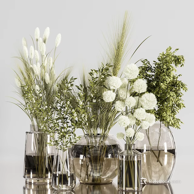 Transparent Vases With White Pompom Flowers Green Leaves And Wheat Like Plants In Light Background 3d model 