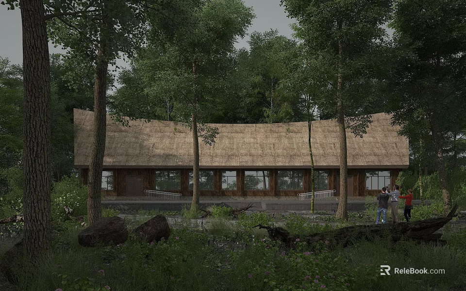 Wooden Cabin With Thatch Roof And Large Windows In Forest Surroundings 3d model 