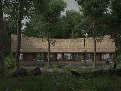 Wooden Cabin With Thatch Roof And Large Windows In Forest Surroundings 3d model