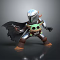 Game Movie Character Silver Armored Helmeted With Black Cape Holding Green Baby In Dynamic Stance