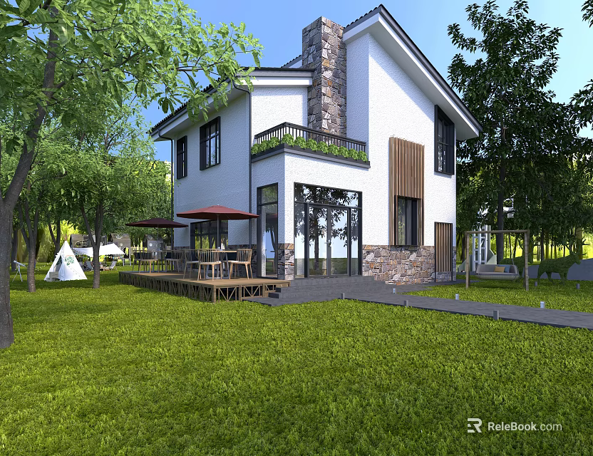 Detached Villa With White Exterior Stone Chimney Large Windows Lush Lawn And Outdoor Deck 3d model 