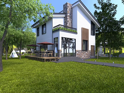 Detached Villa With White Exterior Stone Chimney Large Windows Lush Lawn And Outdoor Deck 3d model
