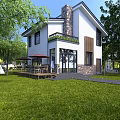 Detached Villa With White Exterior Stone Chimney Large Windows Lush Lawn And Outdoor Deck