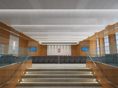 Modern Conference Room With Wooden Walls Stepped Seating Large Screens And Lighting 3d model