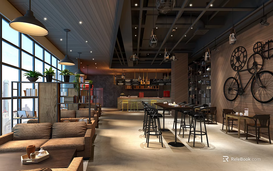 Modern Cafe Interior Design With Cozy Sofas Bar Stools Hanging Lights And Green Plants 3d model 