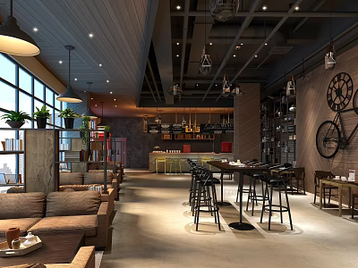 Modern Cafe Interior Design With Cozy Sofas Bar Stools Hanging Lights And Green Plants 3d model