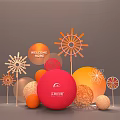 Welcome Home Decorative Display With Red Sphere Orange Balls And Pinwheel Ornaments