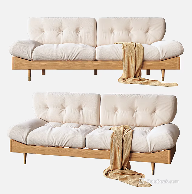 White Two Seater Sofa With Wooden Frame Button Tufted Backrest And Beige Throw Blanket 3d model 