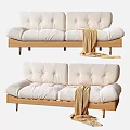 White Two Seater Sofa With Wooden Frame Button Tufted Backrest And Beige Throw Blanket 3d model