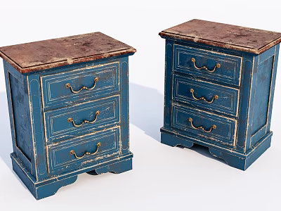 Two Blue Vintage Chests of Drawers with Golden Handles and Brown Tops 3d model
