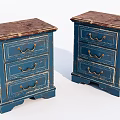Two Blue Vintage Chests of Drawers with Golden Handles and Brown Tops