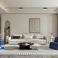 Modern Living Room Interior With Beige Sofa Blue Accent Chair And Decorative Wall Art