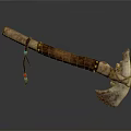 Primitive Tribal Weapon Axe With Wooden Handle Leather Straps Colorful Beads And Bone Head