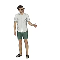 Man Wearing Glasses Light Colored Shirt Green Shorts Black Sandals Extending Hand On Gradient Background 3d model