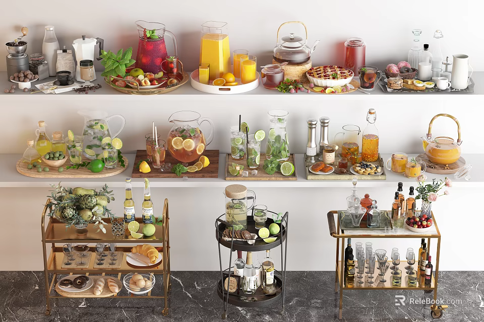 Assorted Fresh Beverages With Fruit Infused Juices Glass Jars And Pitchers On Tray Shelf 3d model 