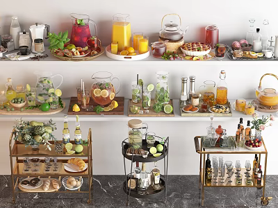 Assorted Fresh Beverages With Fruit Infused Juices Glass Jars And Pitchers On Tray Shelf 3d model