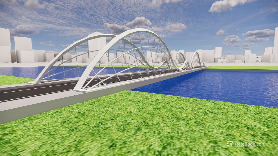 White Arch Bridge With Steel Structure Over River And Green Grass Near City Skyline 3d model 