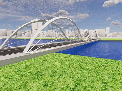 White Arch Bridge With Steel Structure Over River And Green Grass Near City Skyline 3d model
