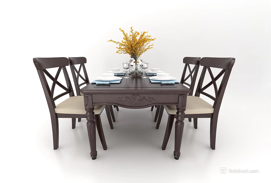 Dark Wooden Dining Table Set with Cross Back Chairs Beige Seats and Yellow Flower Vase 3d model 