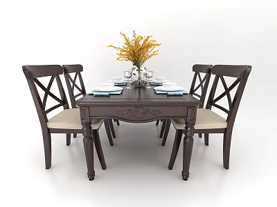 Dark Wooden Dining Table Set with Cross Back Chairs Beige Seats and Yellow Flower Vase 3d model