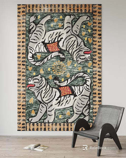 Square Rug With White Tiger Pattern Red Saddle Green Background And Golden Accents 3d model 