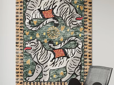 Square Rug With White Tiger Pattern Red Saddle Green Background And Golden Accents 3d model