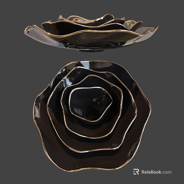 Modern Petal Shaped Black Dinnerware Set With Gold Trim Layered Design 3d model 