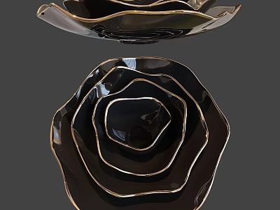 Modern Petal Shaped Black Dinnerware Set With Gold Trim Layered Design 3d model