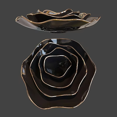 Modern Petal Shaped Black Dinnerware Set With Gold Trim Layered Design 3d model