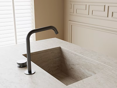 Elegant Washbasin with Light Marble Countertop Black Curved Faucet and Round Knob near Window Blinds 3d model