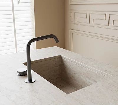 Elegant Washbasin with Light Marble Countertop Black Curved Faucet and Round Knob near Window Blinds 3d model