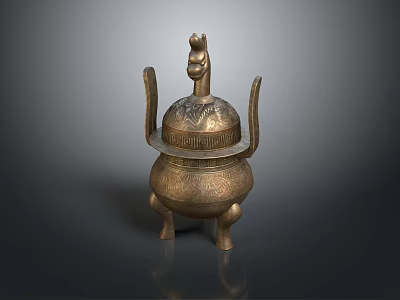 Decorative Bronze Container With Carved Patterns Lid Three Legs And Handles 3d model
