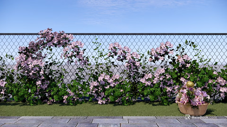 Beautiful Pink Flowers Climbing On Wire Mesh Fence With Green Grass And Woven Flower Basket 3d model 