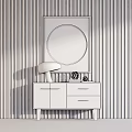 Modern Entryway Interior With Dark Brown Console Cabinet Circular Wall Art And Striped Wall Panel