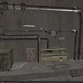 Industrial Interior With Rusty Metal Pipes Concrete Wall Metal Crate Control Panel And Grating Floor