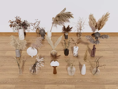 Vases In Various Shapes Materials With Dried Flowers Reeds Feathers On Wooden Floor White Wall 3d model