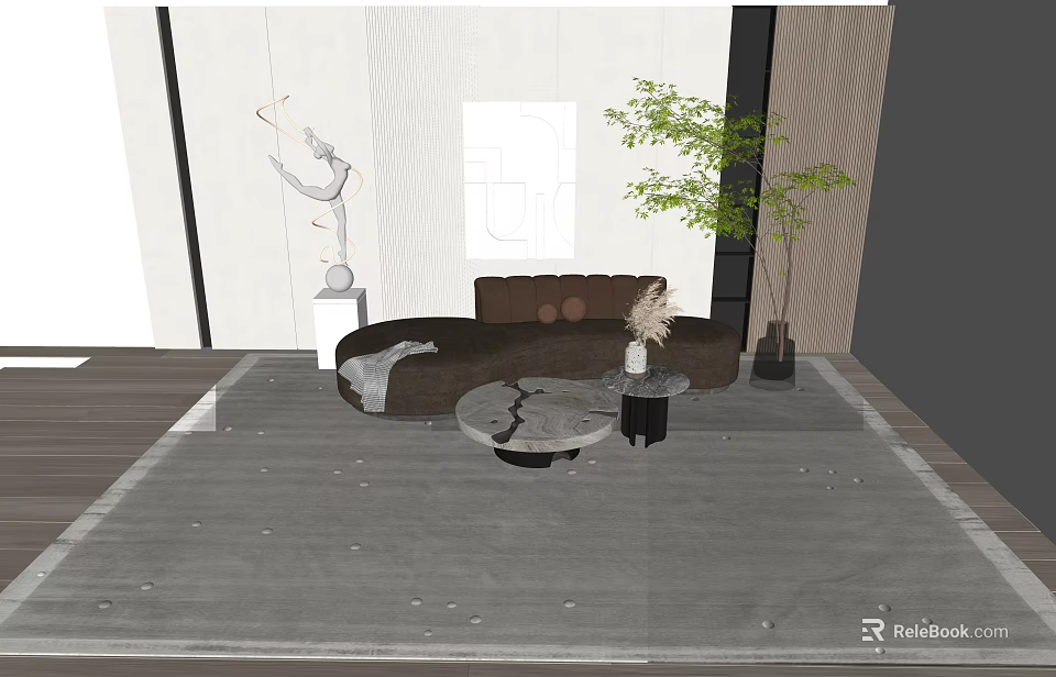 Brown Sectional Sofa In Modern Living Room With Round Coffee Table And Green Plant 3d model 