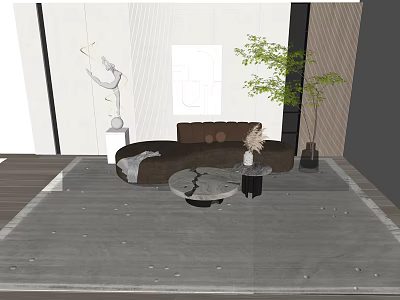 Brown Sectional Sofa In Modern Living Room With Round Coffee Table And Green Plant 3d model