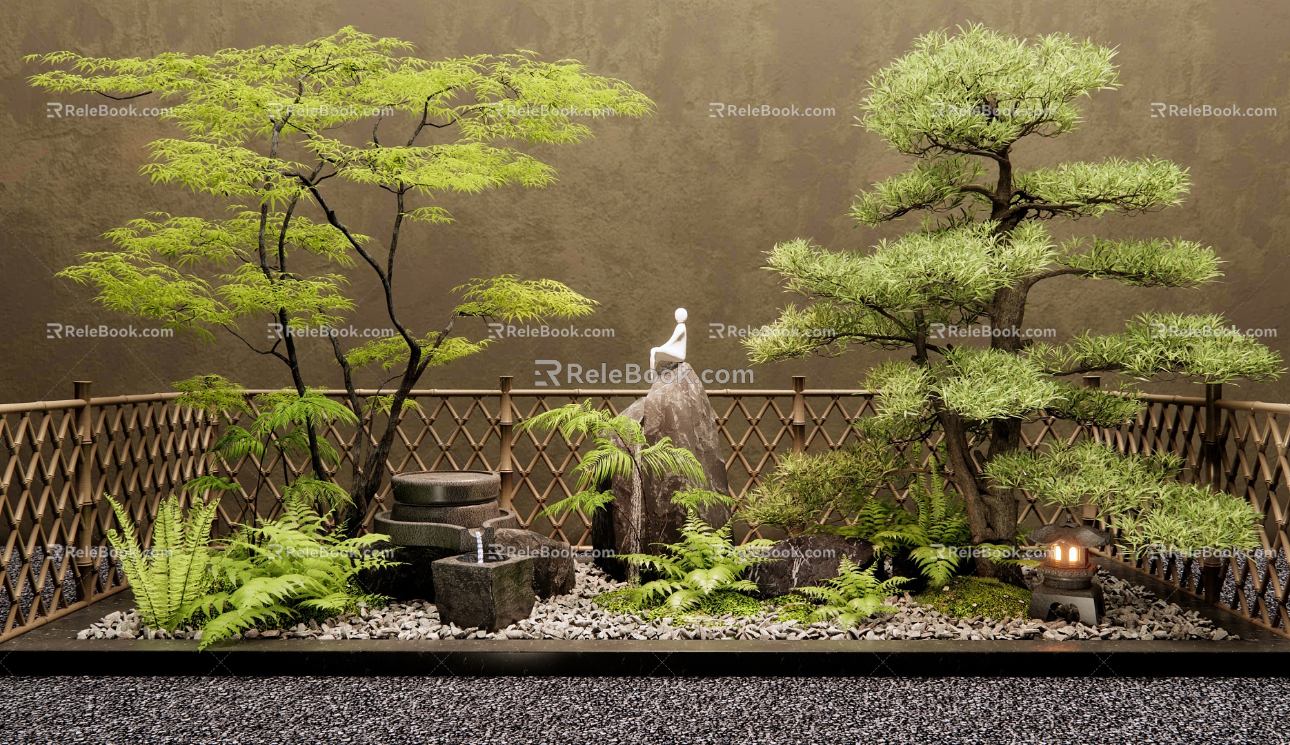 Japanese-style courtyard landscape sketch water bowl rockery water landscape plant pile plant combination fern maple Luo Han pine 3d model