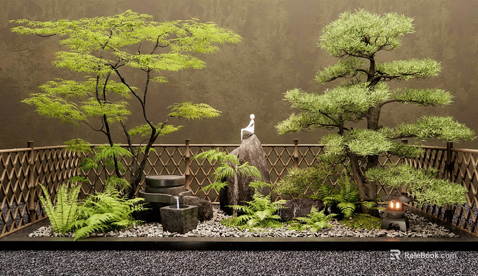 Serene Zen Courtyard Garden Landscape With Green Trees Stone Water Feature And White Statue Ferns 3d model 