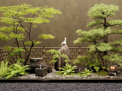 Serene Zen Courtyard Garden Landscape With Green Trees Stone Water Feature And White Statue Ferns 3d model