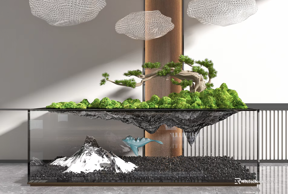 Modern Bonsai Plant Display With Mountain Gravel And Glass Container Design 3d model 