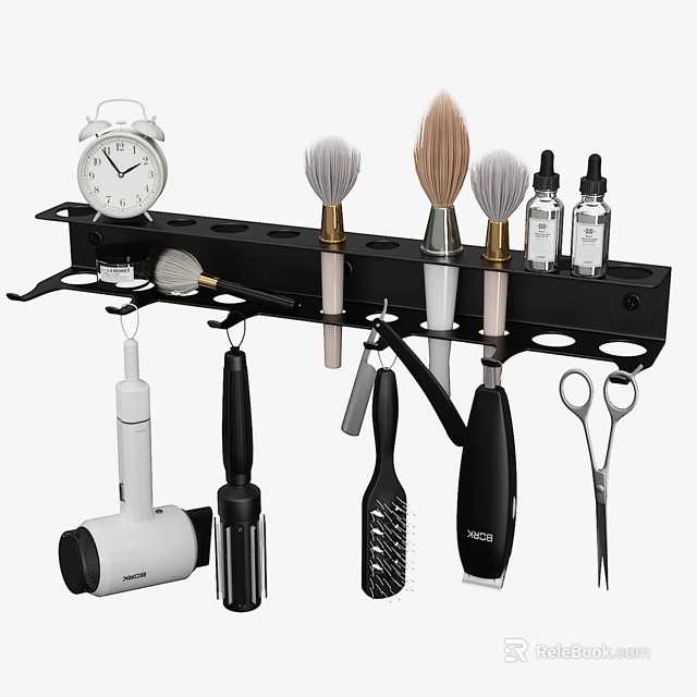 Black Bathroom Organizer Rack With Alarm Clock Brushes Bottles Hair Dryer Comb And Scissors 3d model 